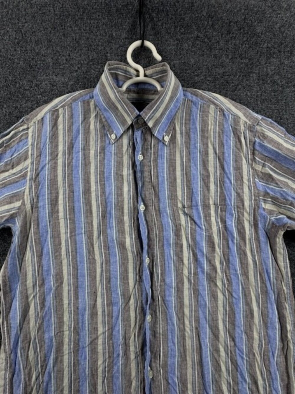 Paul & Shark Striped Button-Down 38 Short Sleeve Linen Gray Blue Pocket Shirt
